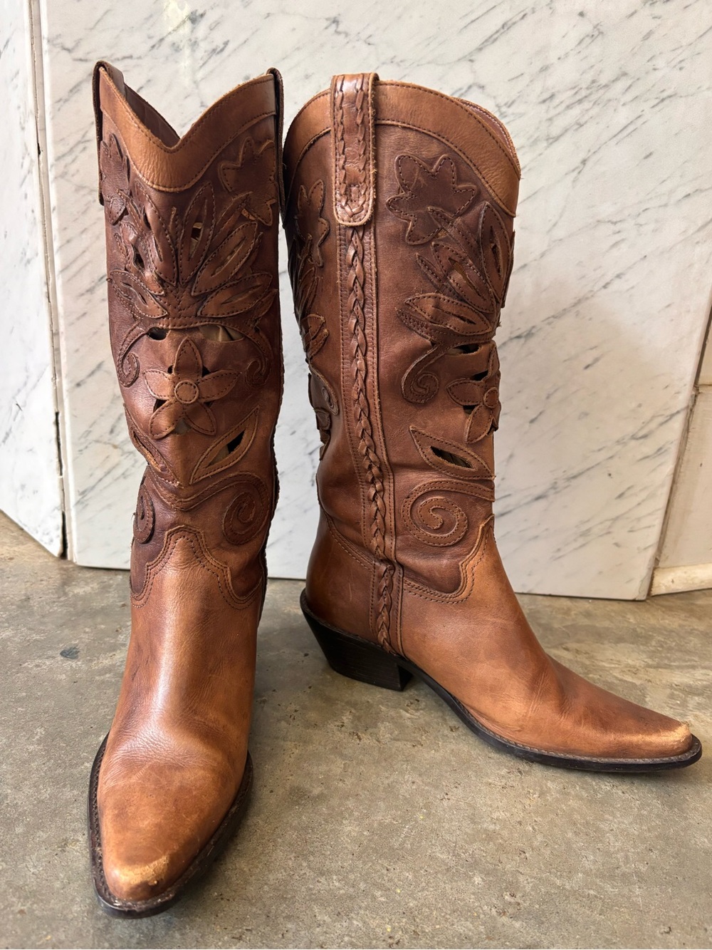 Sexy real Leather Tall Tan Leather Western Cowgirl Boots with cut out details